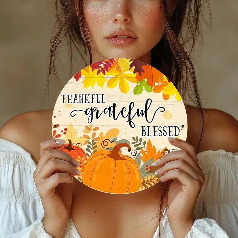 Vintage Autumn Fall Metal Wall Decor Sign with Pumpkin and Leaves