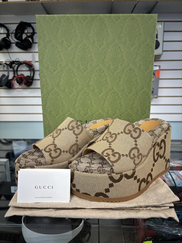 Gucci 105mm Platform Slide Sandal Beige GG Canvas W/ Box