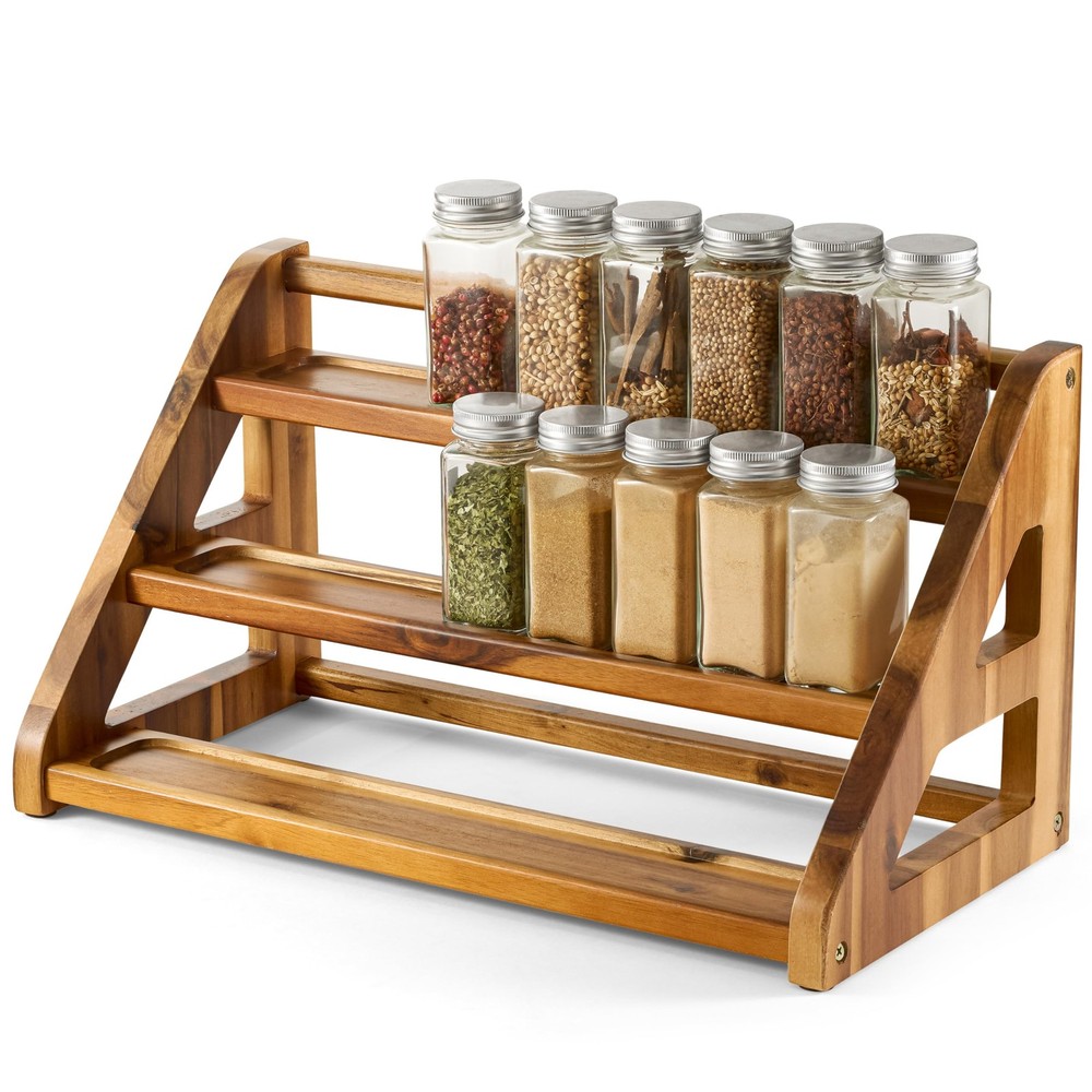 3-Tier Acacia Wood Spice Rack Organizer Holds 24 Jars Countertop Storage Shelf-image