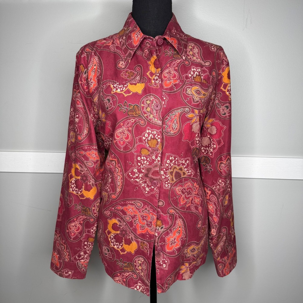 Croft & Barrow Womens Paisley Long Sleeve Stretch Button-Up Shirt Western Size M