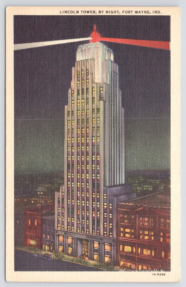 Linen~Air View Lincoln Tower At Night Fort Wayne Indiana~Vintage Postcard