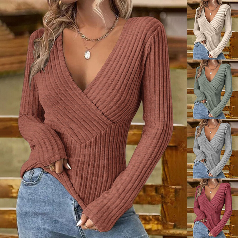Ladies V-Neck Pullover Jumper Top Long Sleeve Casual Loose Work Party Tops
