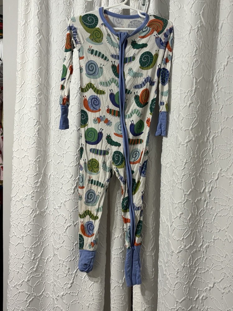 Little Sleepies Zip Romper 2T Snail Caterpillar Print Blue Green Long Sleeve