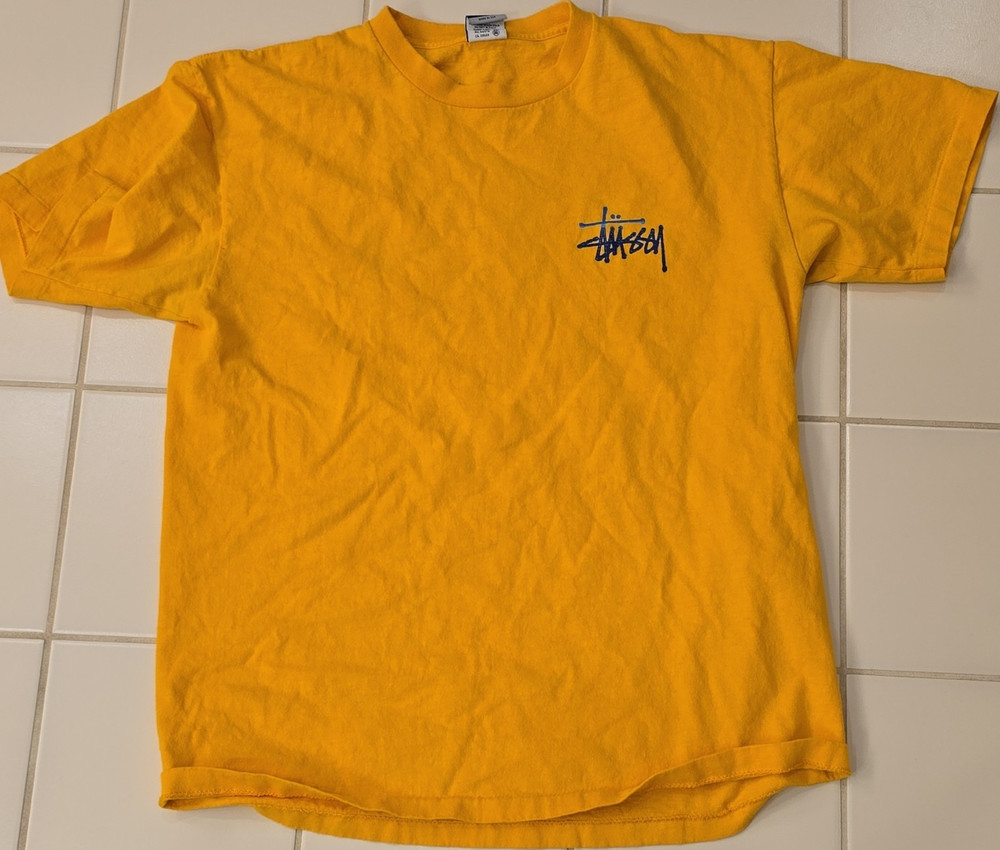 Rare VTG Stussy Graphic Logo Yellow Blue Crew Neck Men's T-Shirt L