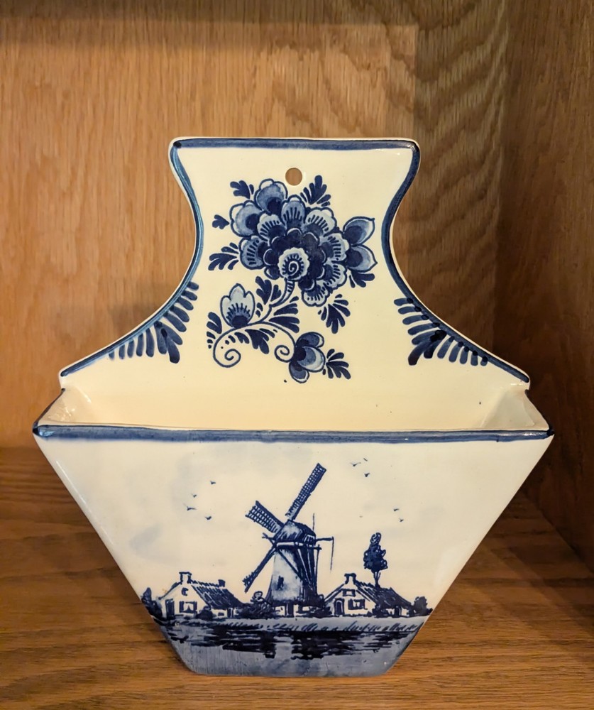Delft Blue Hand Painted Ceramic Floral & Windmill Dutch Wall Vase, Holland