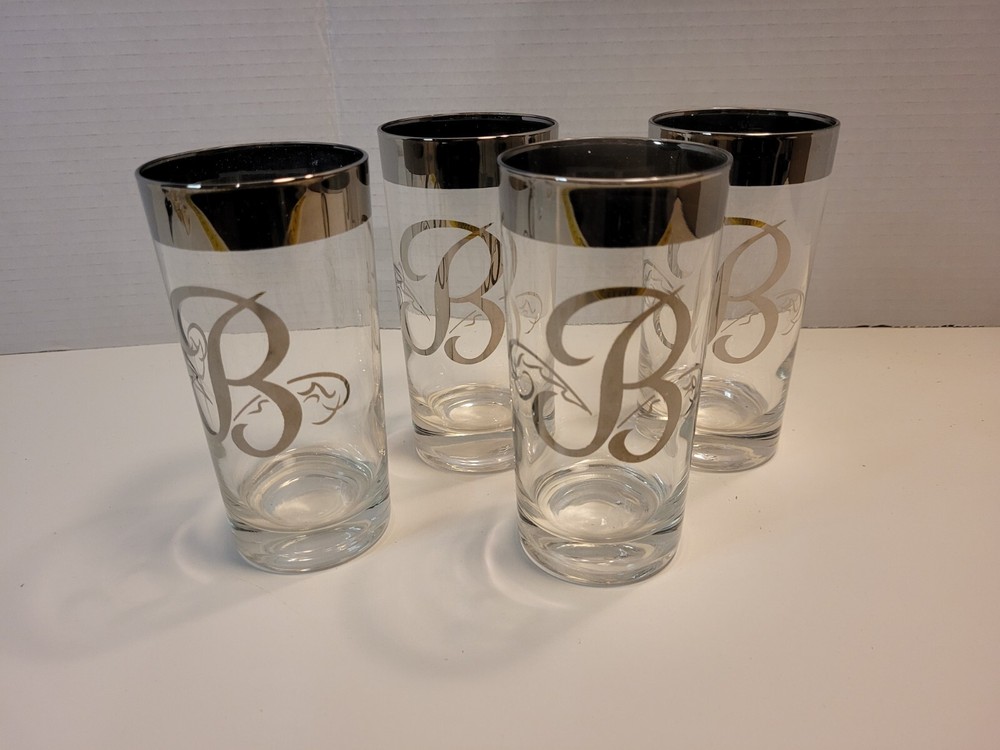 MCM Dorothy Thorpe Style Highball Glasses Lot Of 4 Silver Rim & 