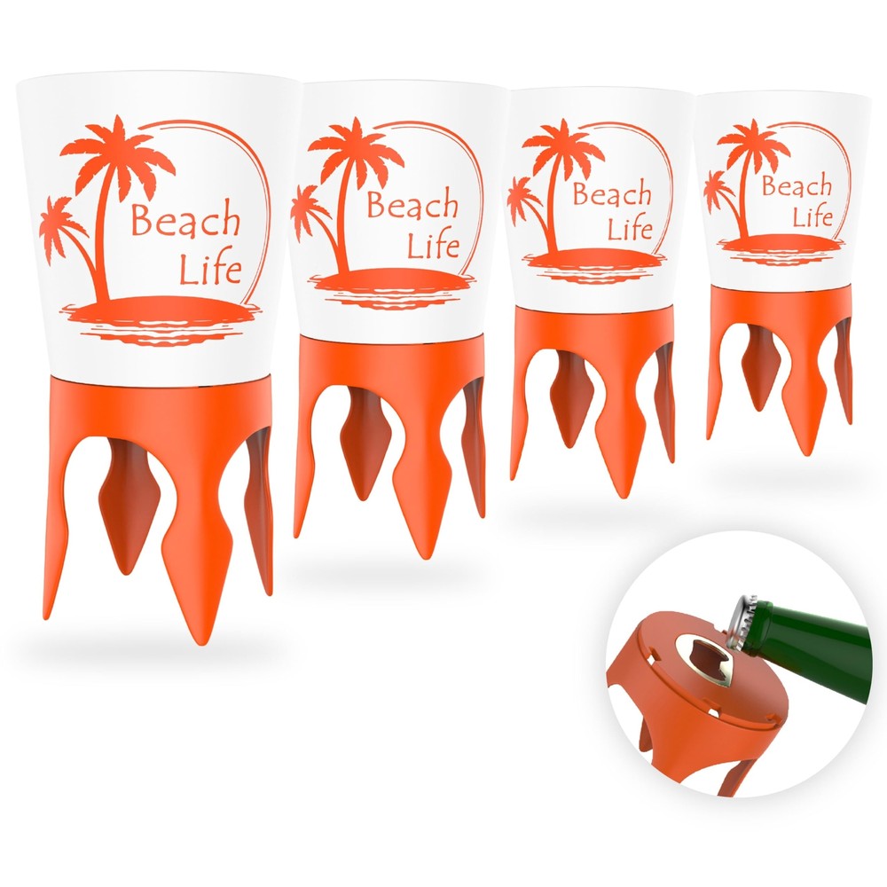 4-Piece Beach Cup Holder Set with Sand Spikes and Built-in Bottle Opener for Ultimate Beach Accessories