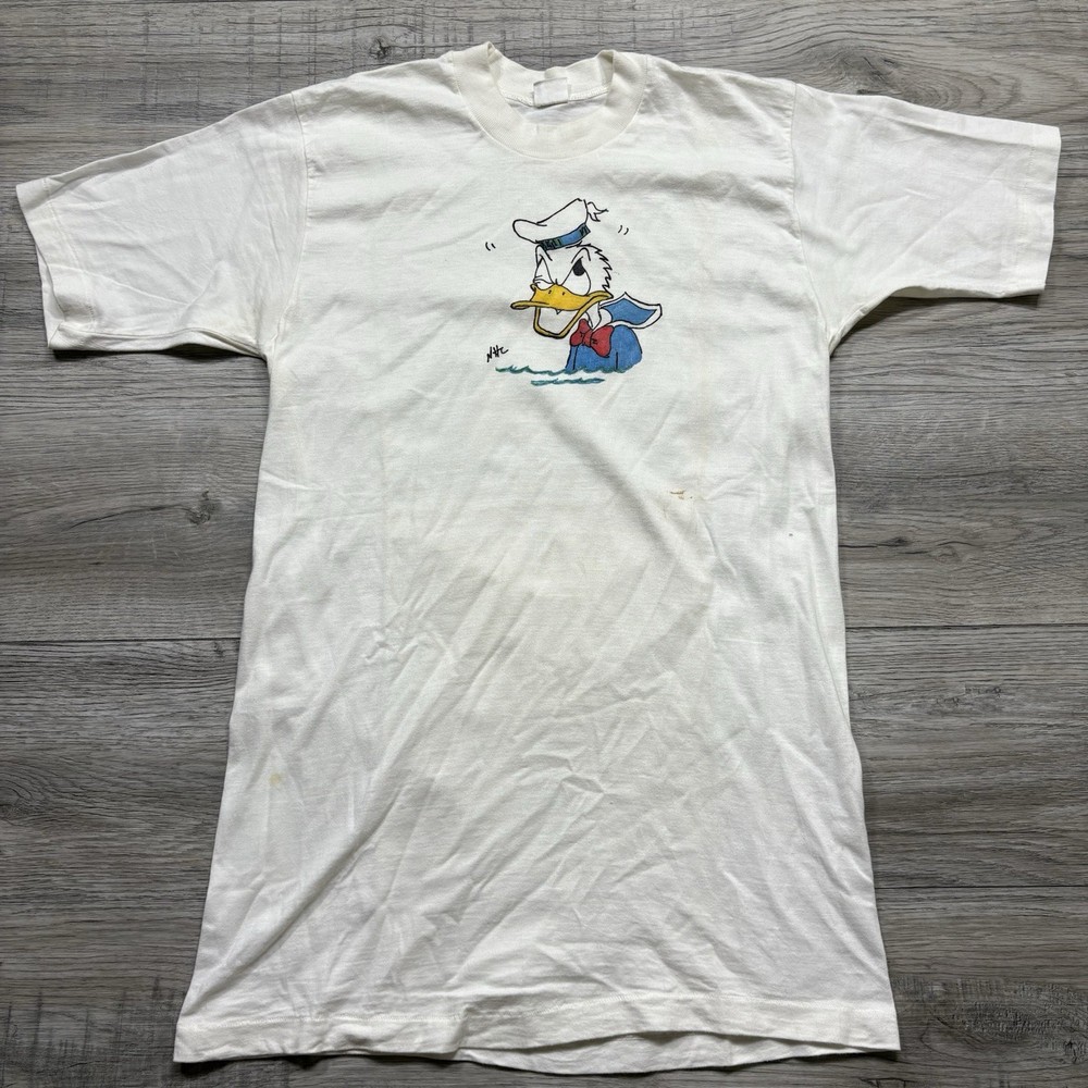 1960s Disney Donald Duck White Custom Hand Drawn Vintage Character Shirt L