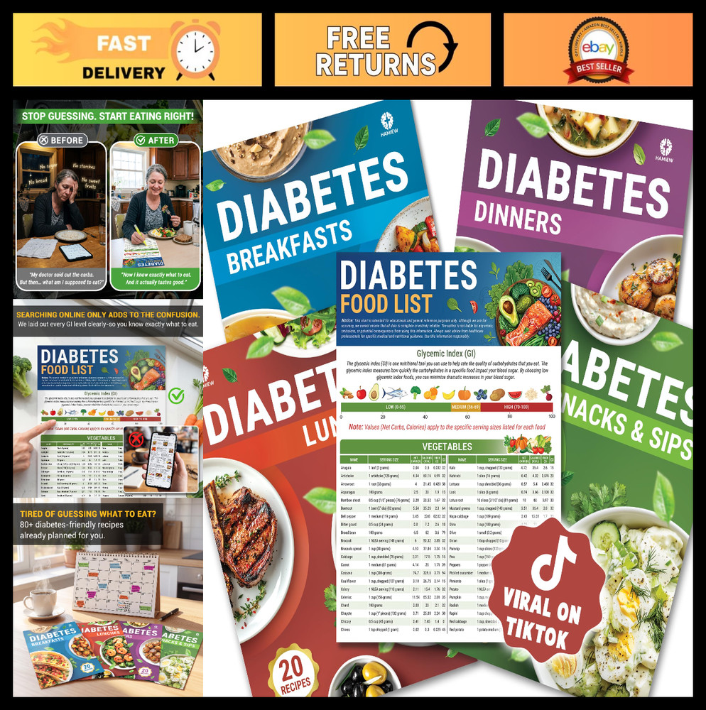 5 Pack Diabetes Meal Planner & Cookbook - 80+ Recipes, Glycemic Index Guide, A1C