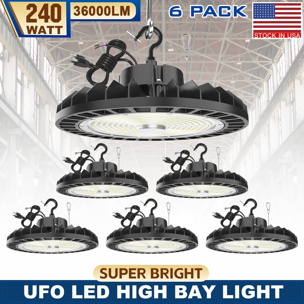 6 Pack 240W UFO Led High Bay Light Dimmable Commercial Warehouse Shop Lamp 5000K
