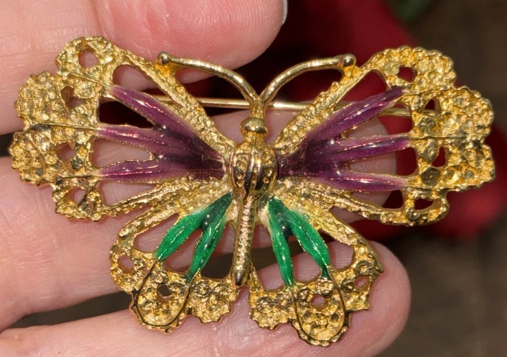 Vintage Enameled Filigree Butterfly Gold Tone Pin Brooch 2”