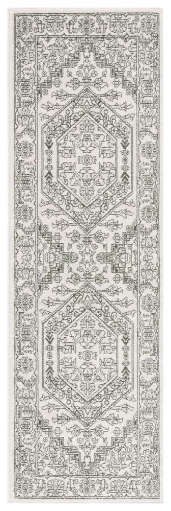 Ivory and Dark Green Oriental Runner Rug 2x8 Feet