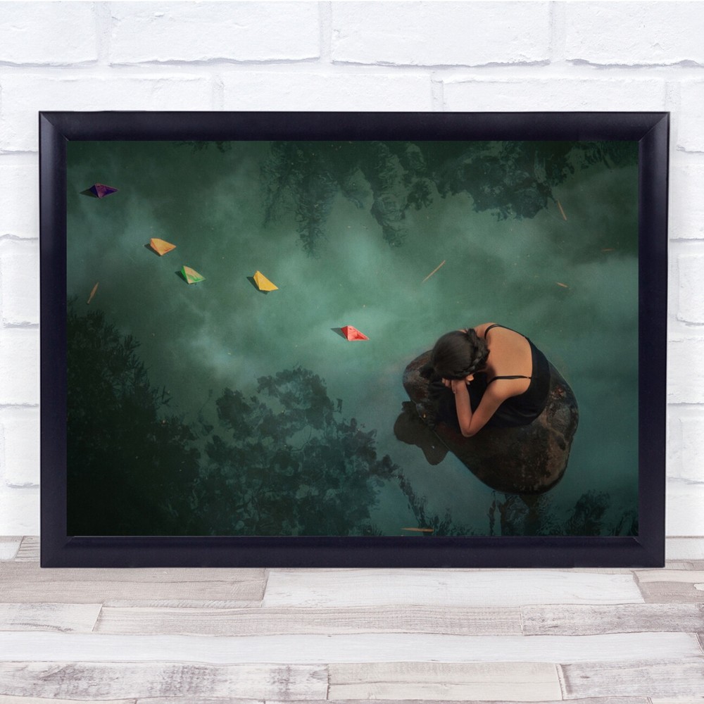 Paper Boat Origami Ship Woman Water Person Girl Sea Ocean Lake Wall Art Print