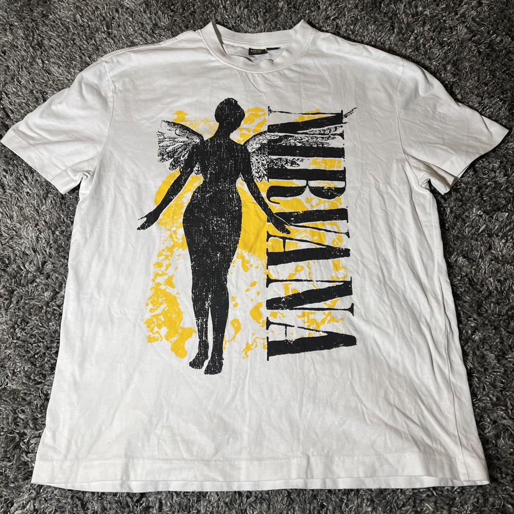 Nirvana In Utero T-Shirt White with Yellow Paint Splash Angel Logo Medium