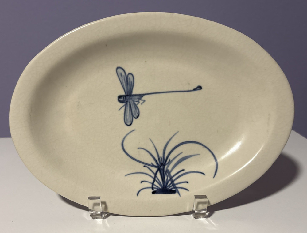 Vintage Asian White and Blue Dragonfly Oval China Ceramic Plate Dish 7.5Wx10.5L