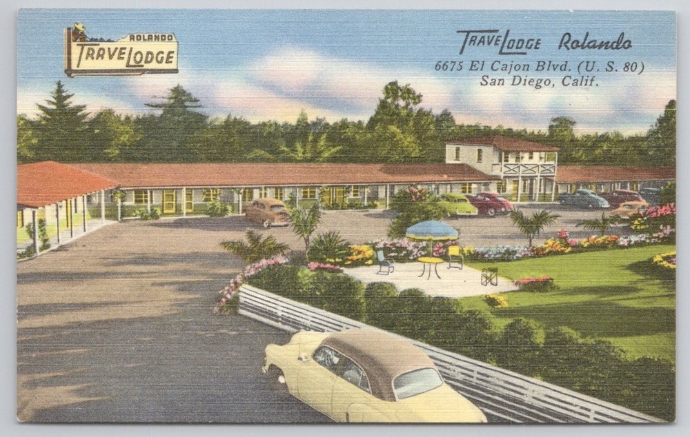 Vintage Travelodge Rolando San Diego CA Linen Postcard 1950s El Cajon Blvd