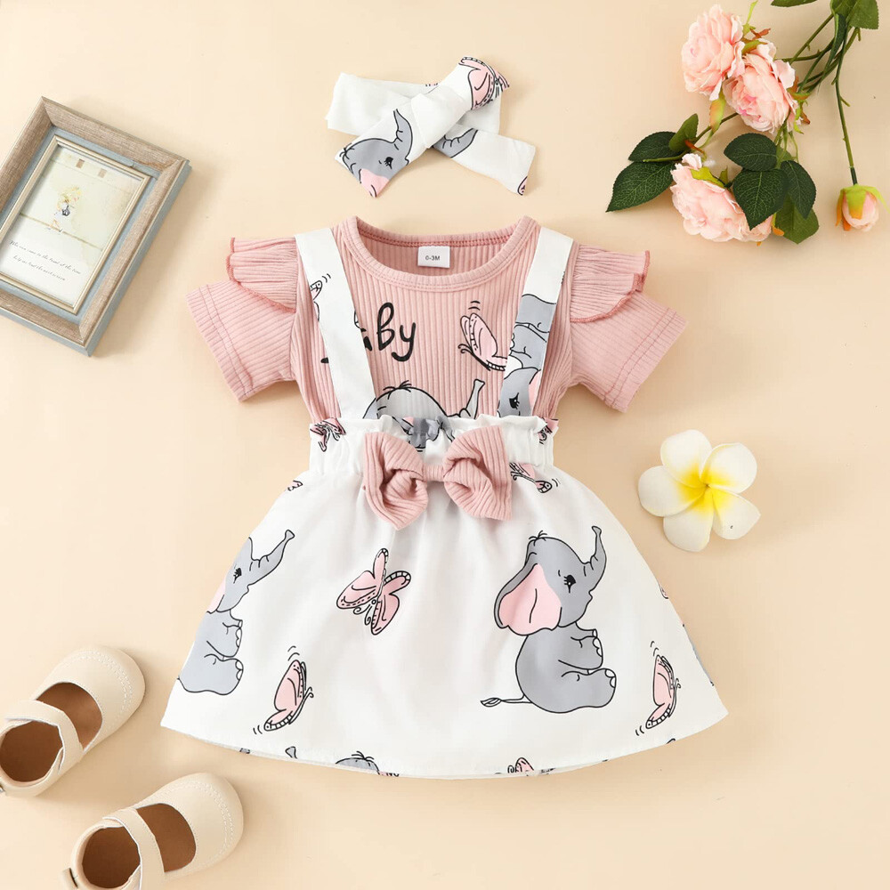 Cute Elephant Newborn Baby Girls Romper Tops Dress Headband Outfit Set Clothes