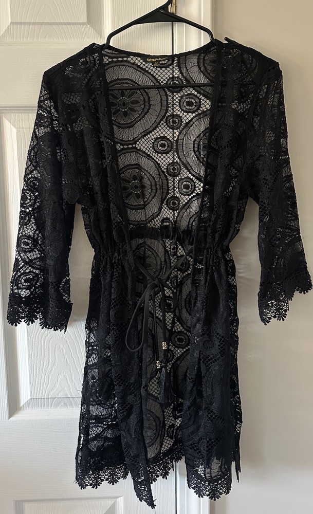 SpiaggiaDolce Women’s Black Sheer Geometric Lace Tie-Front 3/4 Sleeve cover up M