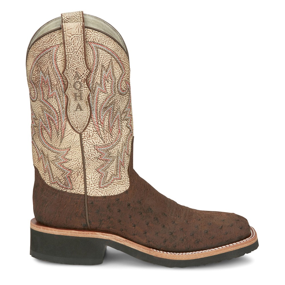 Justin Boots Peppy Sand Badger Smooth Ostrich Embroidered Wide Square Toe Pull On Cowboy Boots