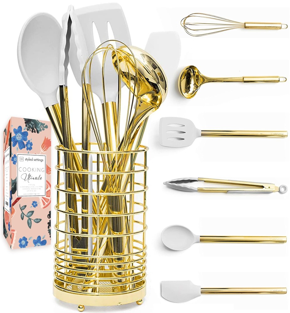 White Silicone and Gold Cooking Utensils Set with Holder - 7PC Silicone Cooki...