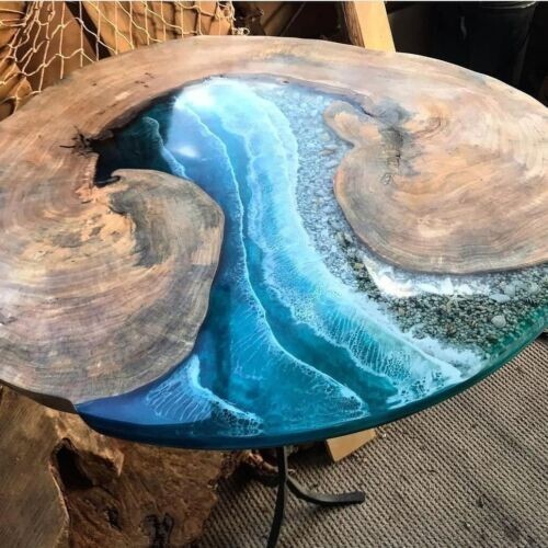 Acacia Ocean Round Coffee Table Top, River Epoxy Entryway Centerpiece Furniture-image