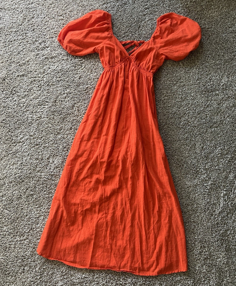 Billabong Dress Womens L Orange Cotton Woven V-Neck Ruched Puff Sleeve Midi