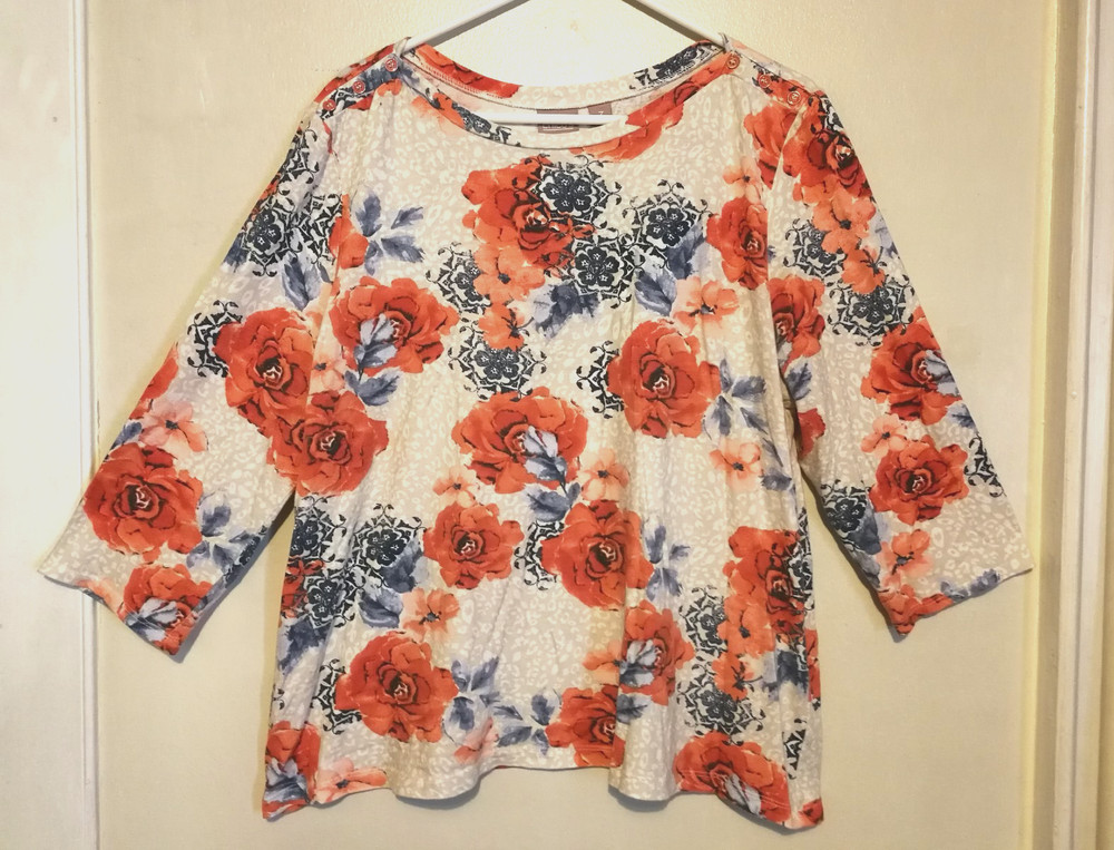 Chicos Womens Blouse 3 XL 16 Floral Blue Pink Brown White Shirt Top 3/4 Sleeve