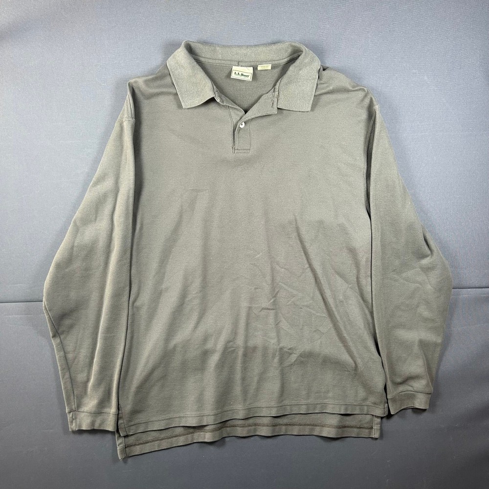 VTG LL Bean Long Sleeve Cotton Polo Shirt Medium Regular Grey Sage Green Classic