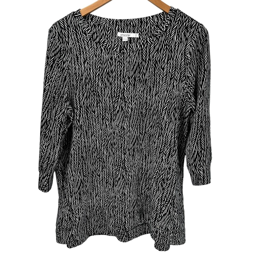 Chico's Tunic Top Womens 2 Large Black White Leaf Pattern 3/4 Sleeve Pullover