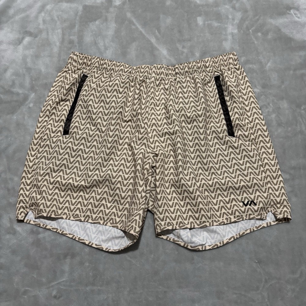 RVCA Yogger Shorts Mens XL Beige Black AOP Stretch Pockets Gym Training Running
