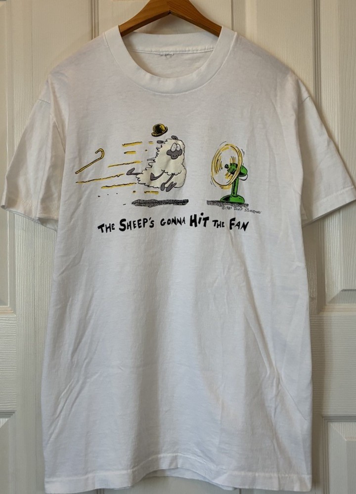 Vintage 80s Funny The Sheep Fan Graphic White Cotton Single Stitch T-Shirt L