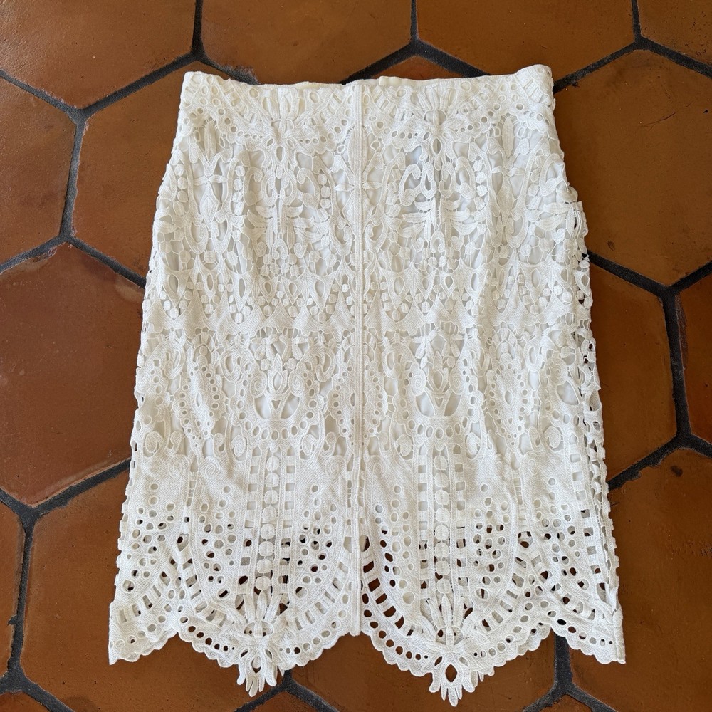 NEW Chico's Black Label Floral Lace Skirt White Midi Pencil Embroidered Eyelet 3
