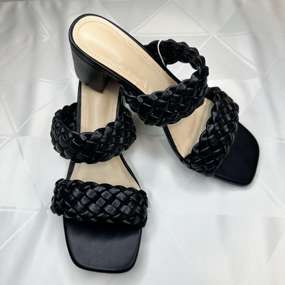 Women's Braided Heeled Black Sandals Strappy Square Open Toe Heels Backless Sz 7