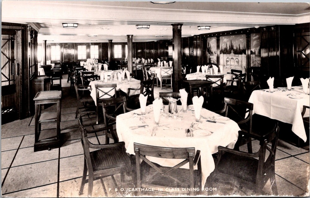 STEAMSHIP P & O CARTHAGE - 1ST CLASS DINING ROOM - OLD REAL PHOTO POSTCARD