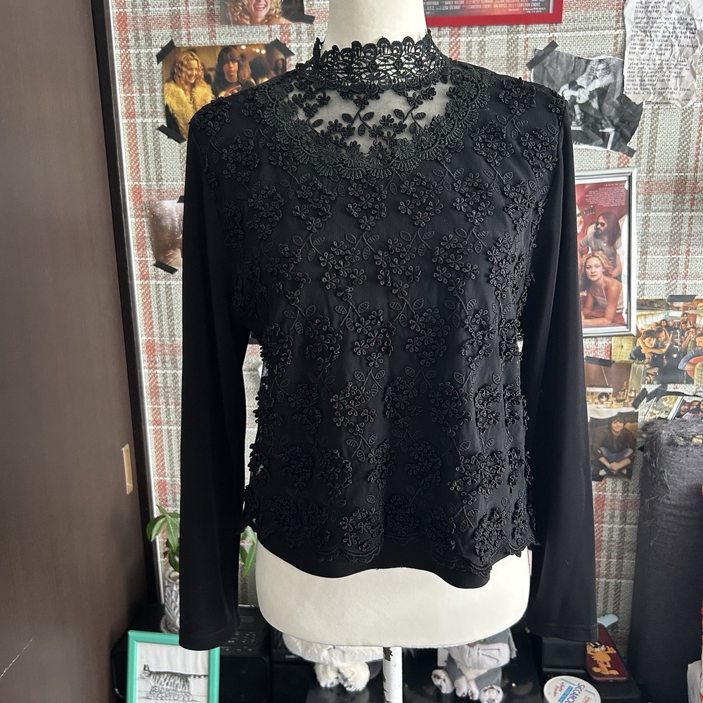 Gothic Darkcore Top Black Lace Up Front Sheer Mesh Long Sleeve Coquette Grunge L