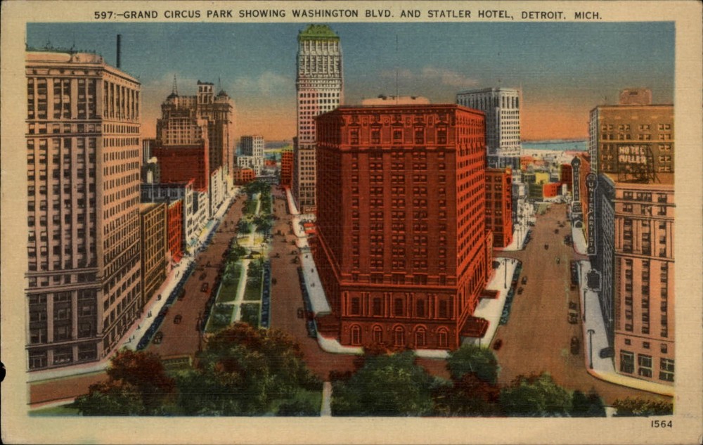 Michigan Detroit Grand Circus Park Washington Blvd Statler Hotel ~ 1930s linen