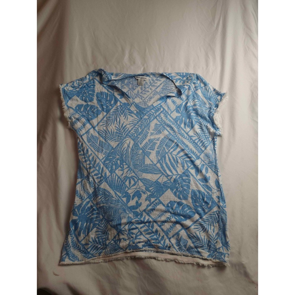 Tommy Bahama Womens Blue White Tropical Palm Print 100% Linen V-Neck Top Small