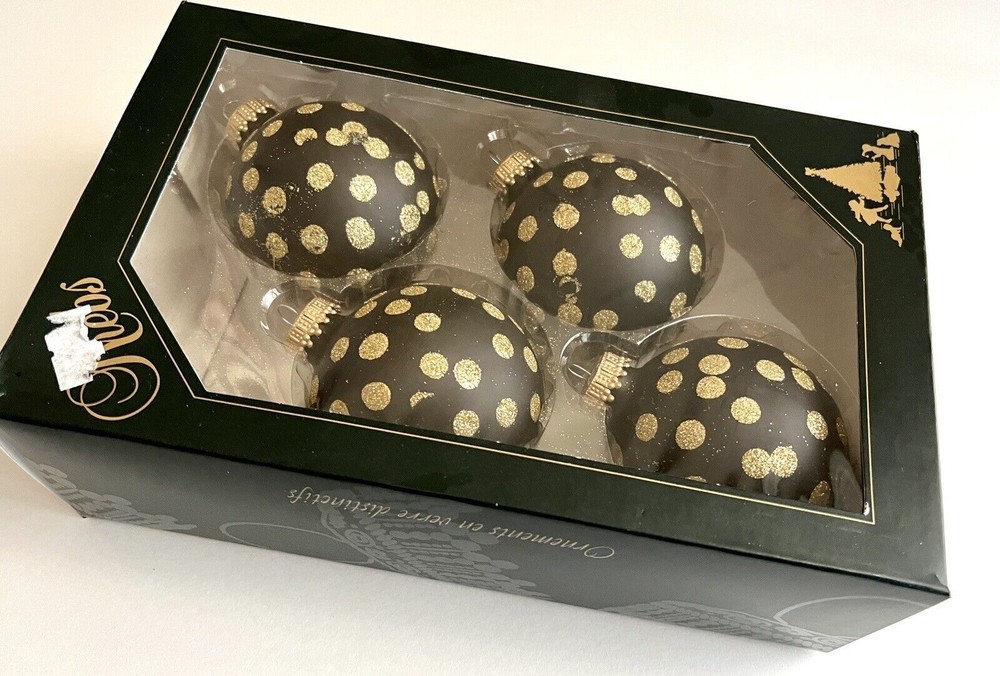 Vintage Christmas By Krebs 4 Black And Gold Glass Ornaments New In Box