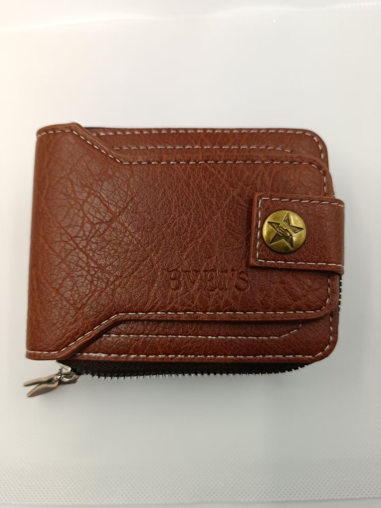 New Brown Leather Bifold Popper Zipper Around Credit Card ID Cash Holder Wallet
