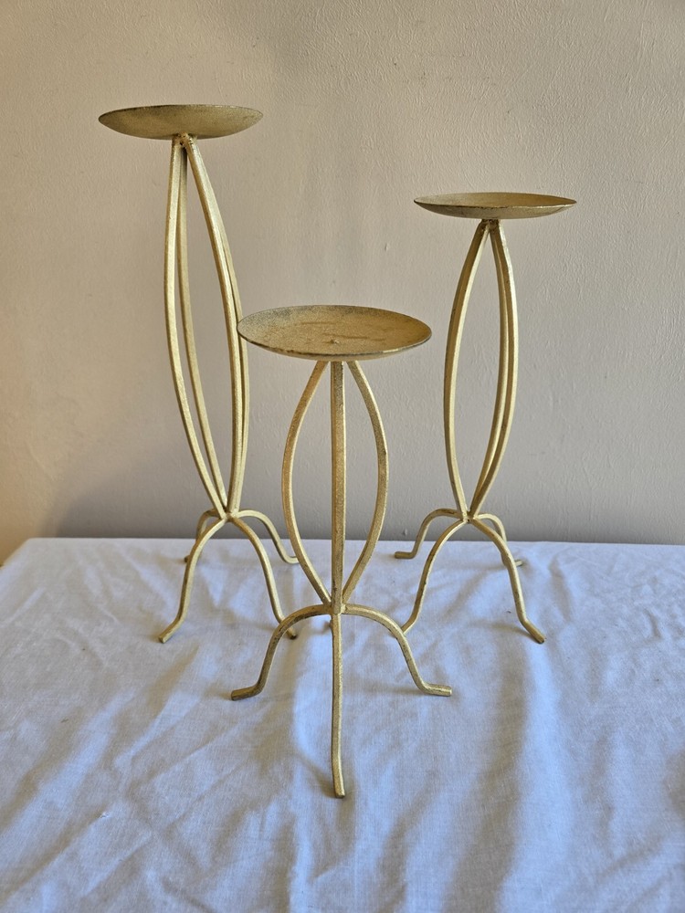 Set Of 3 Gold Metal Pillar Candle Holders Art Decor Shabby Chic