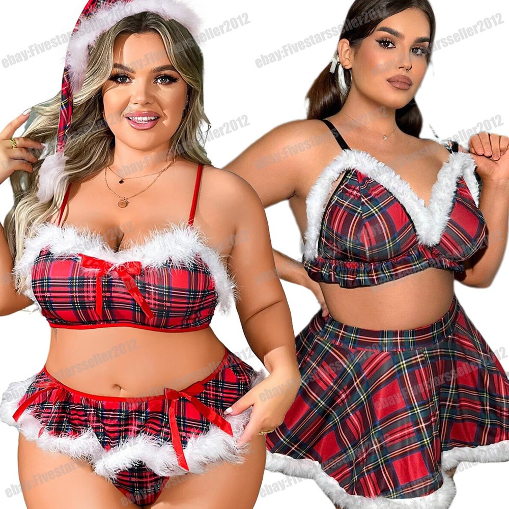 Women Plus Size Valentine Sexy Lingerie Set Plush Tartan Babydoll Sleepwear Xmas