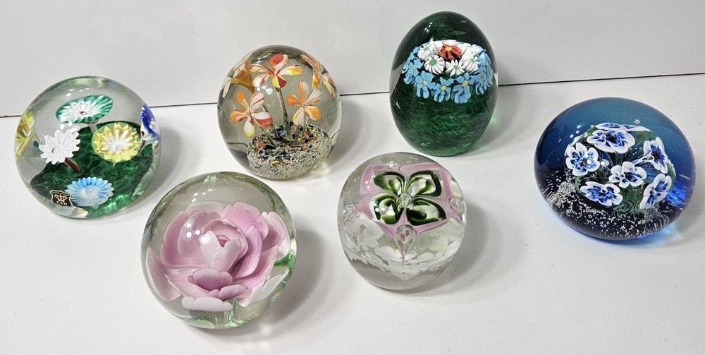 (LOT OF 6!!) Vintage Murano Flower Glass Paperweights Millefiori