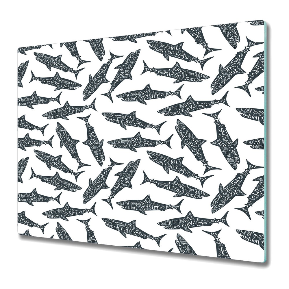 Glass Worktop Kitchen Chopping Cutting Board Typography Sharks Fish 60x52
