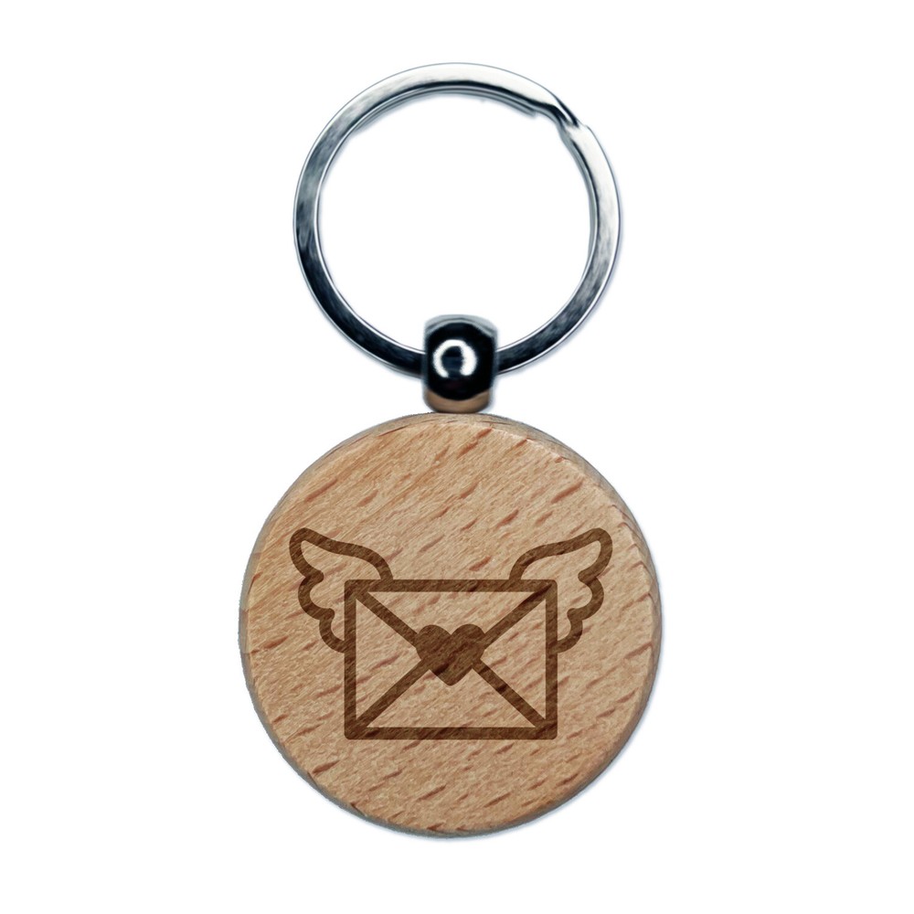 Heart Winged Envelope Wood Keychain - Engraved Letter Mail Charm  