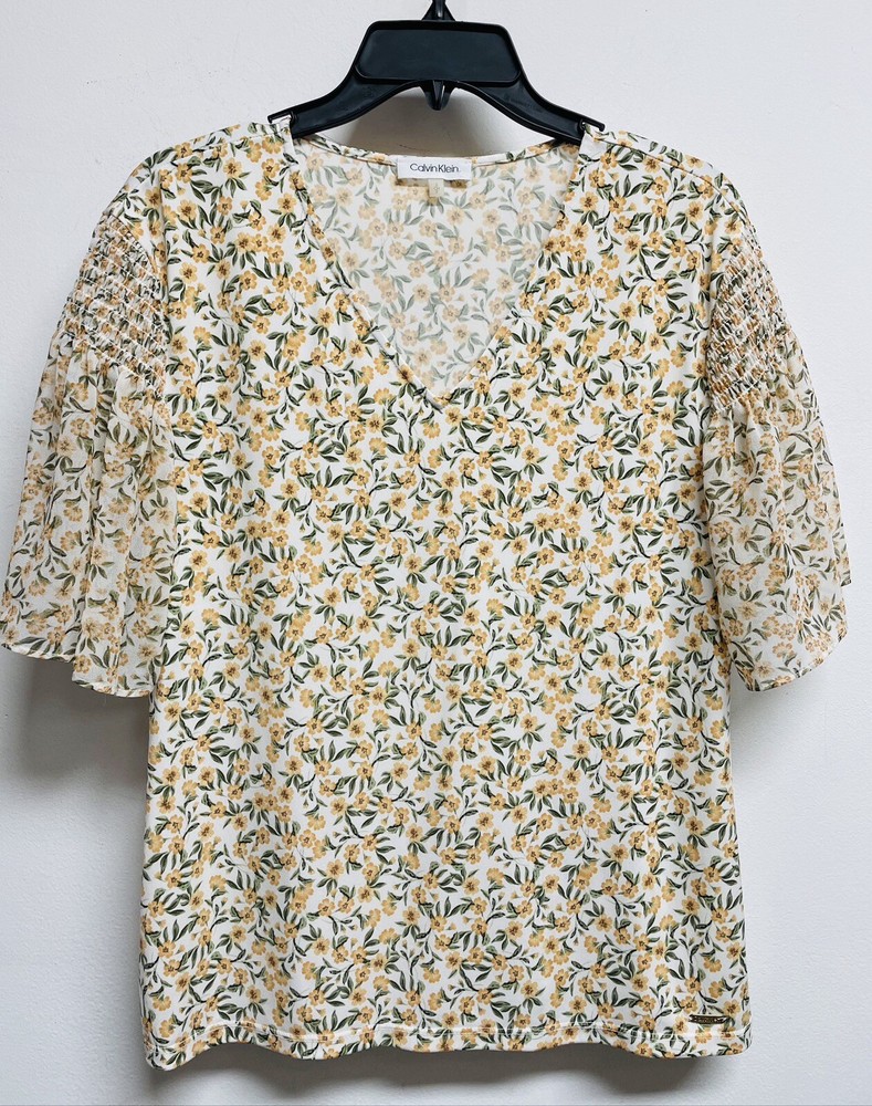 CALVIN KLEIN Floral Print Short Sleeve Career Shirt / Top - Women’s Size S