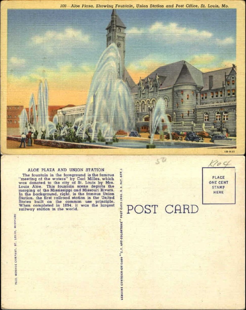 Aloe Plaza Union Station and Post Office fountain St Louis MO unused postcard