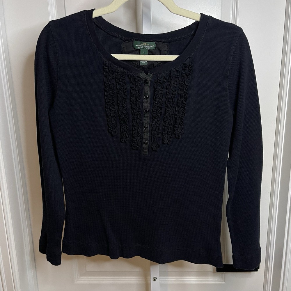 Lauren Ralph Lauren Black Ruffle Henley Top Long Sleeve Cotton L