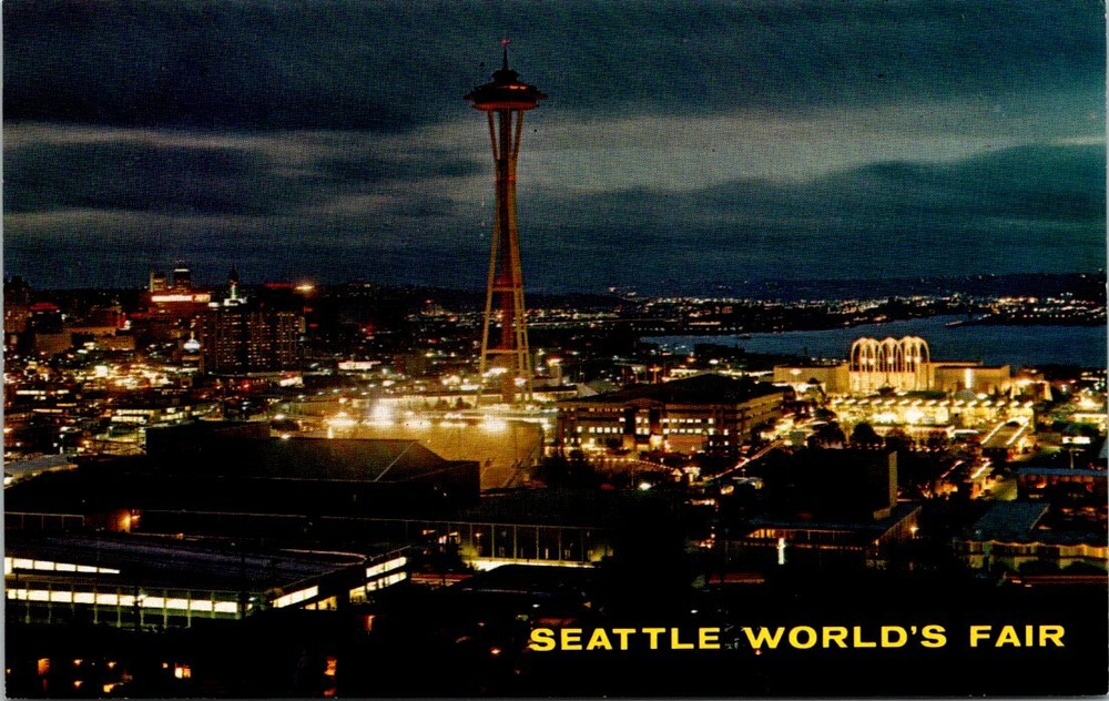 View of City & Space Needle 1962 Worlds Fair Seattle Washington Vintage Postcard
