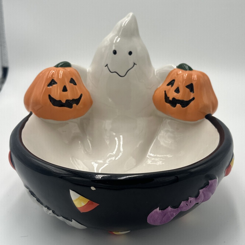 Vintage Vanson Halloween Ghost and Cute Pumpkin Candy Dish One Small Chip