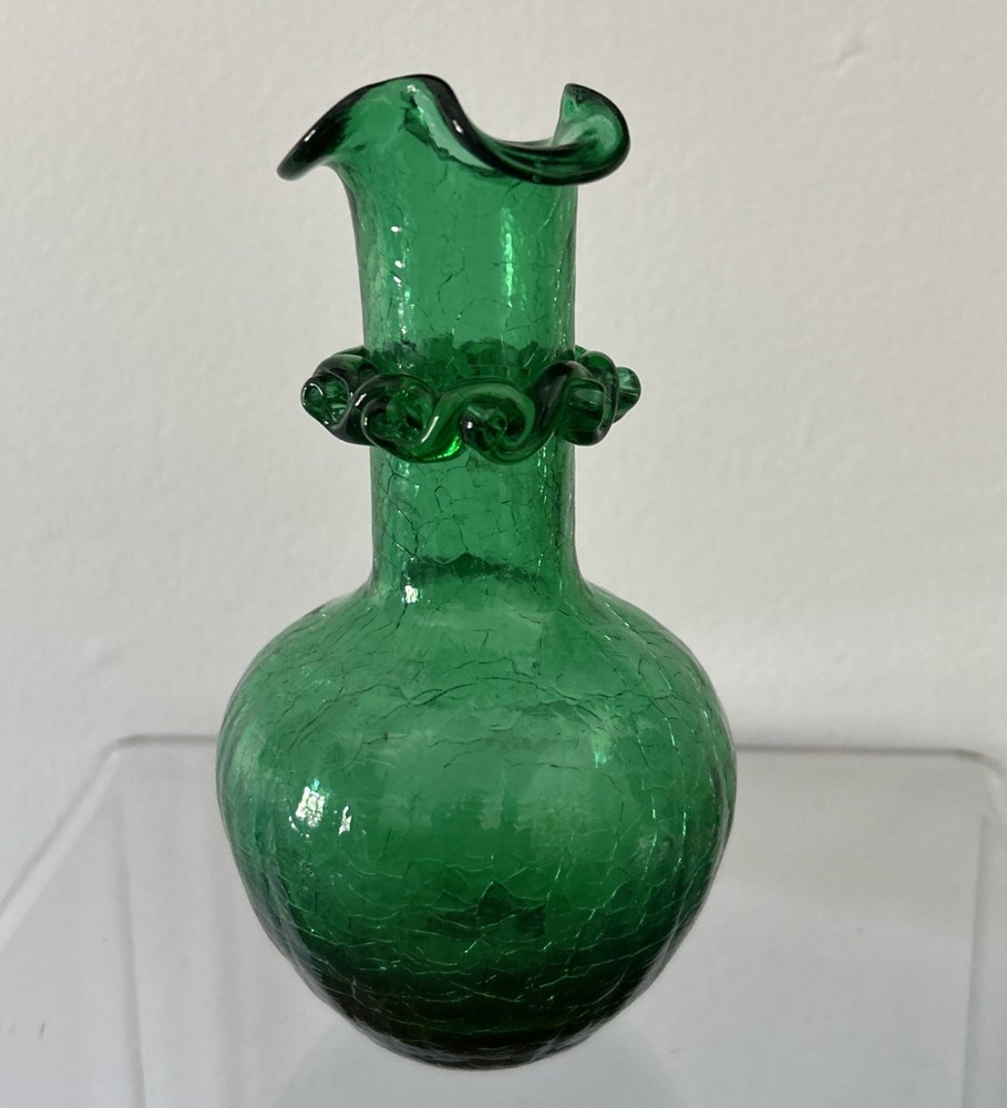 Vintage Pilgrim Crackle Glass - Hand Blown Green Vase